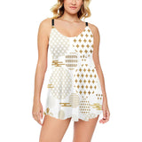 Beautiful gold japanese pattern Chest Sexy Pleated Two Piece Swim Dress