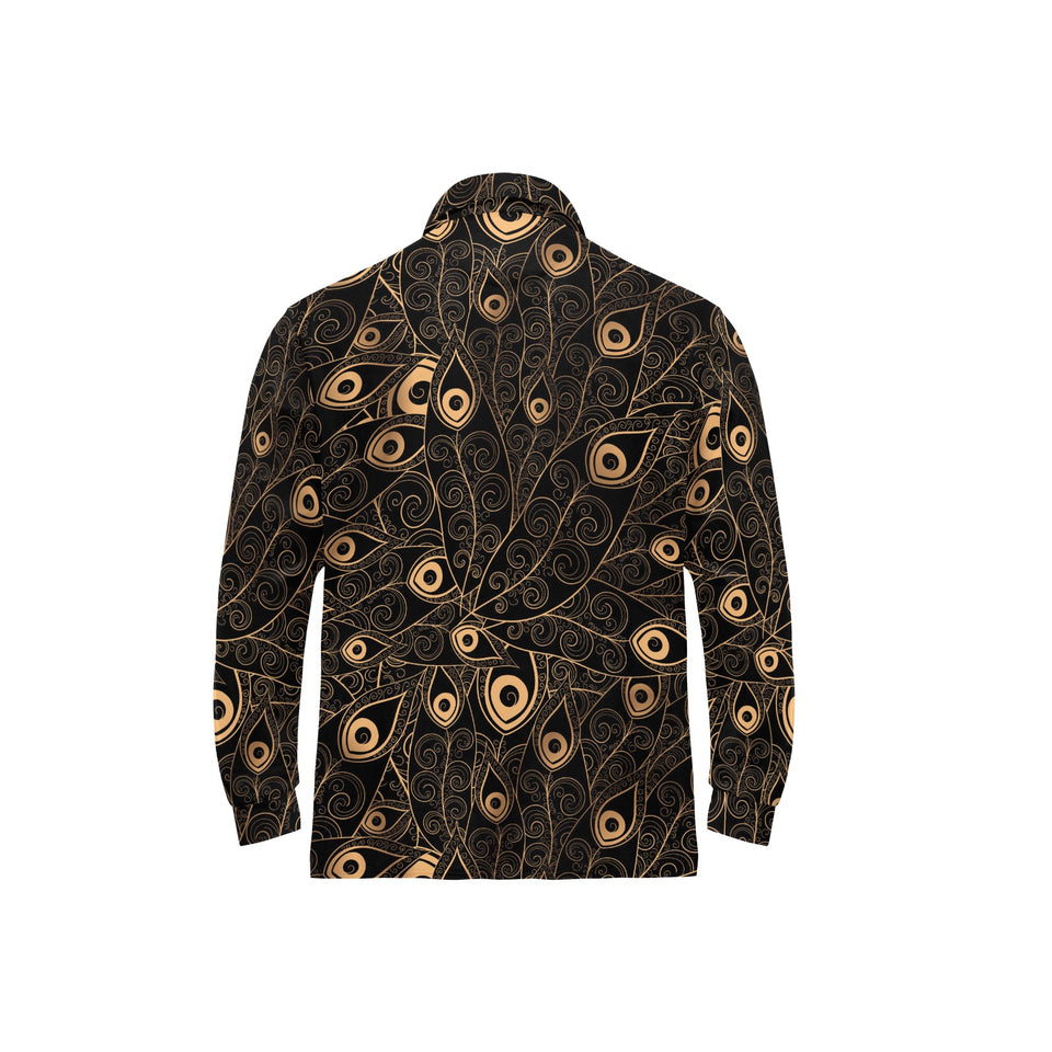 Gold peacock feather pattern Men's Long Sleeve Polo Shirt