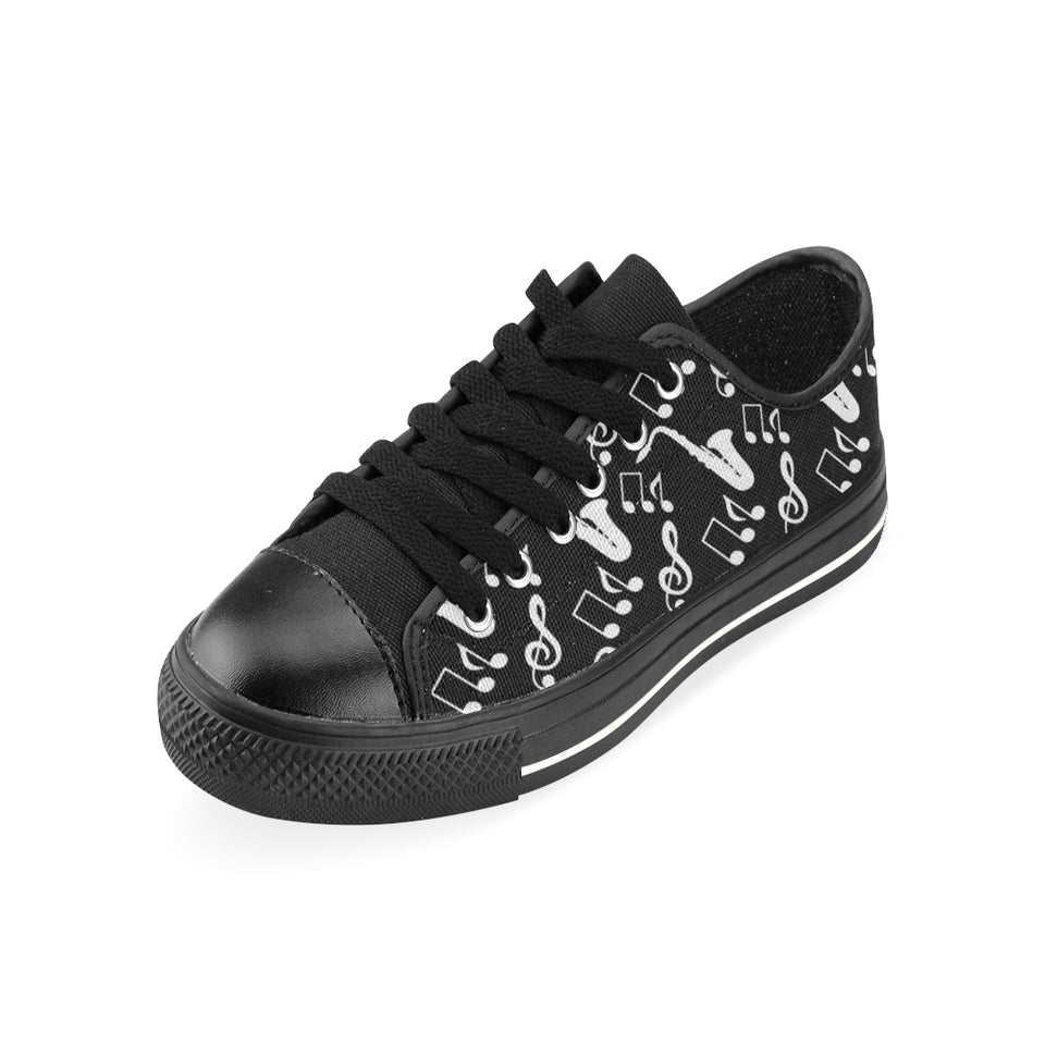 Saxophone music notes treble clef black white them Men's Low Top Canvas Shoes Black