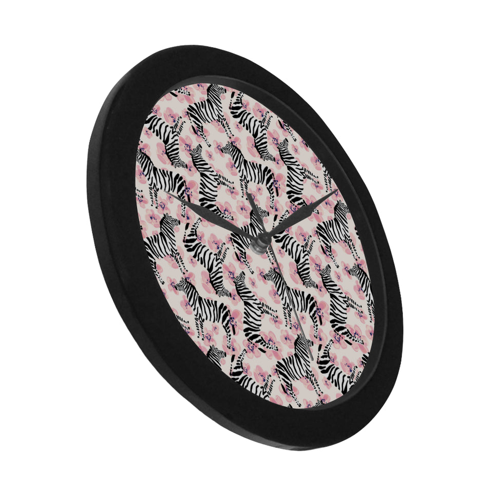 Zebra pink flower background Elegant Black Wall Clock