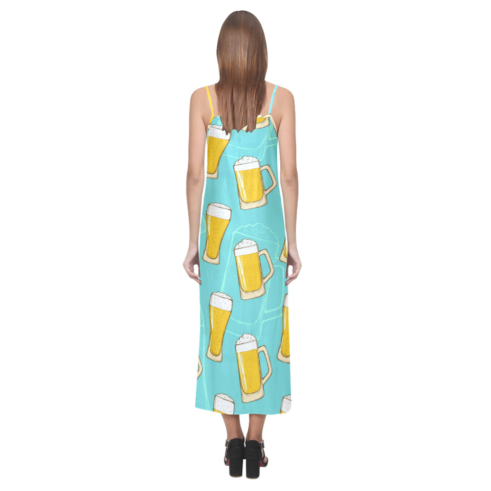 Beer pattern green background V-Neck Open Fork Long Dress