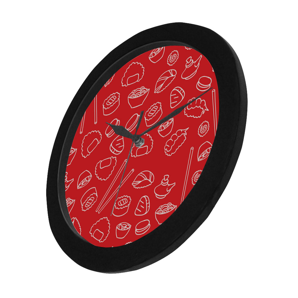 sushi pattern red background Elegant Black Wall Clock