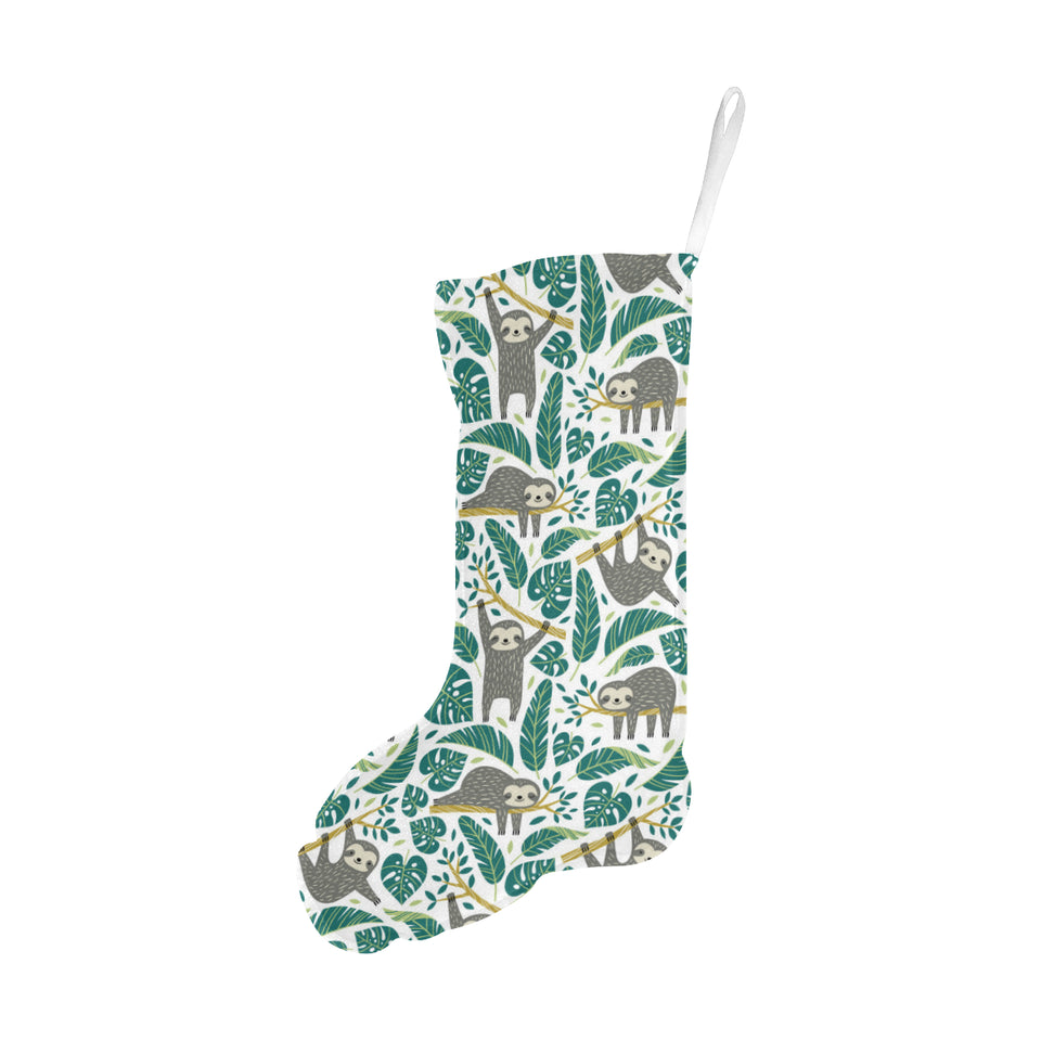 Cute sloths tropical palm leaves white background Christmas Stocking