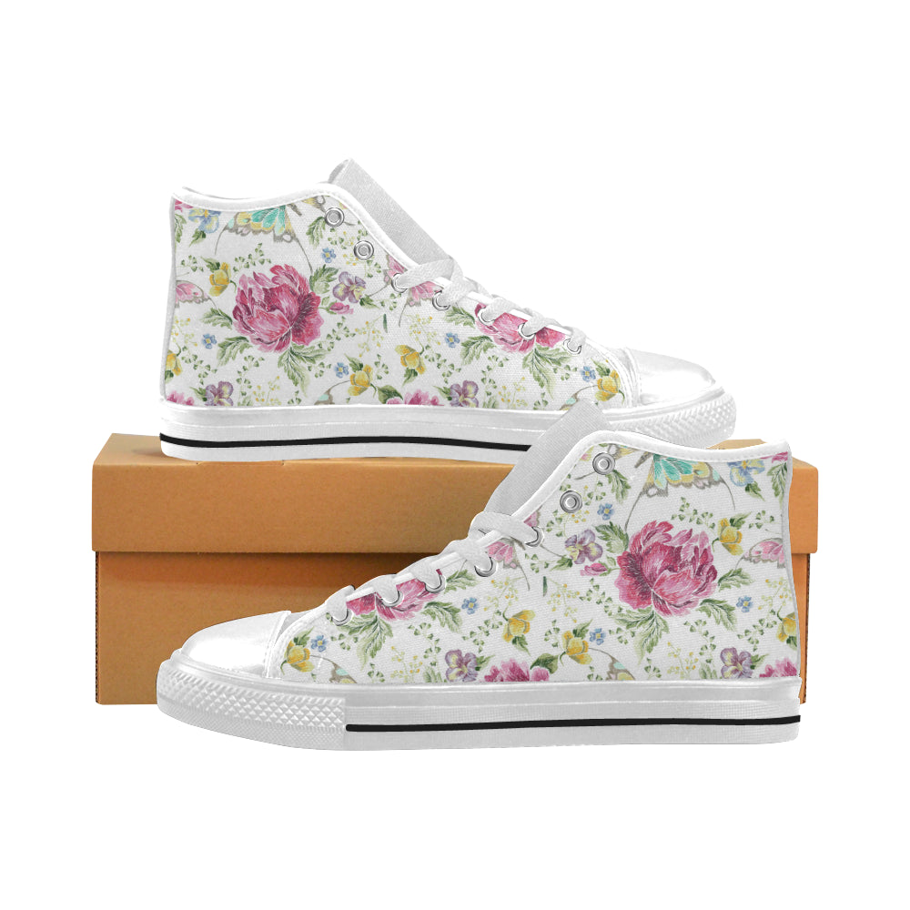 Hand drawn butterfly rose Men's High Top Canvas Shoes White