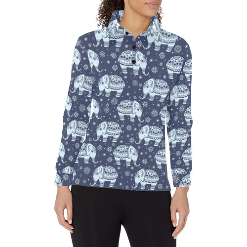 Elephant tribal design pattern Women's Long Sleeve Polo Shirt