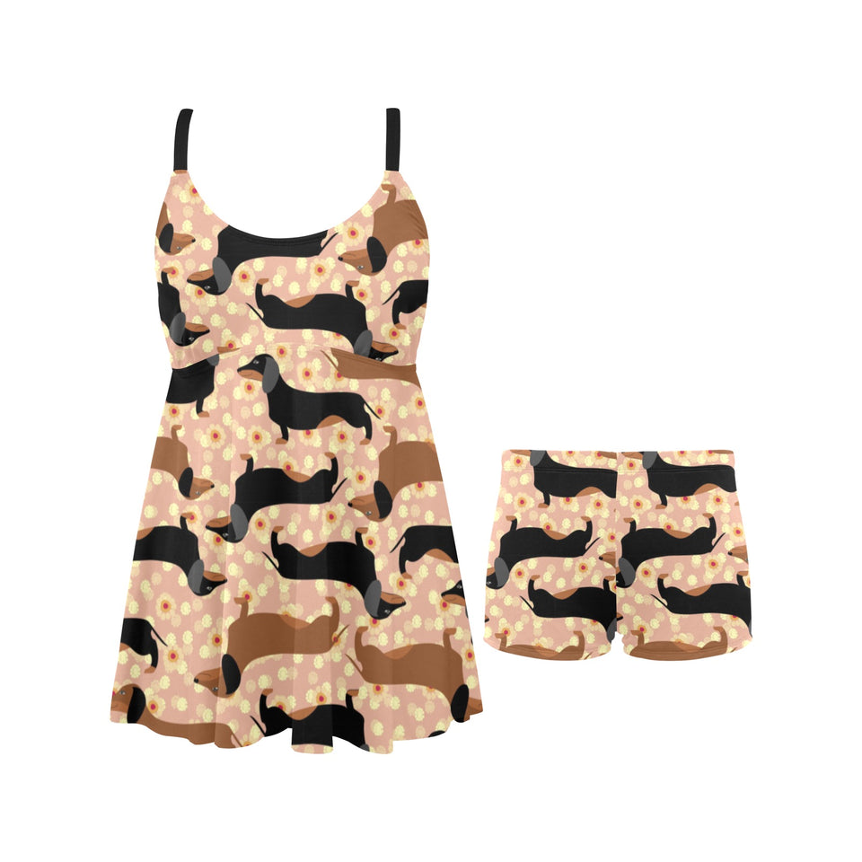 Dachshund floral background Chest Sexy Pleated Two Piece Swim Dress