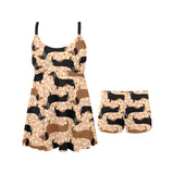 Dachshund floral background Chest Sexy Pleated Two Piece Swim Dress