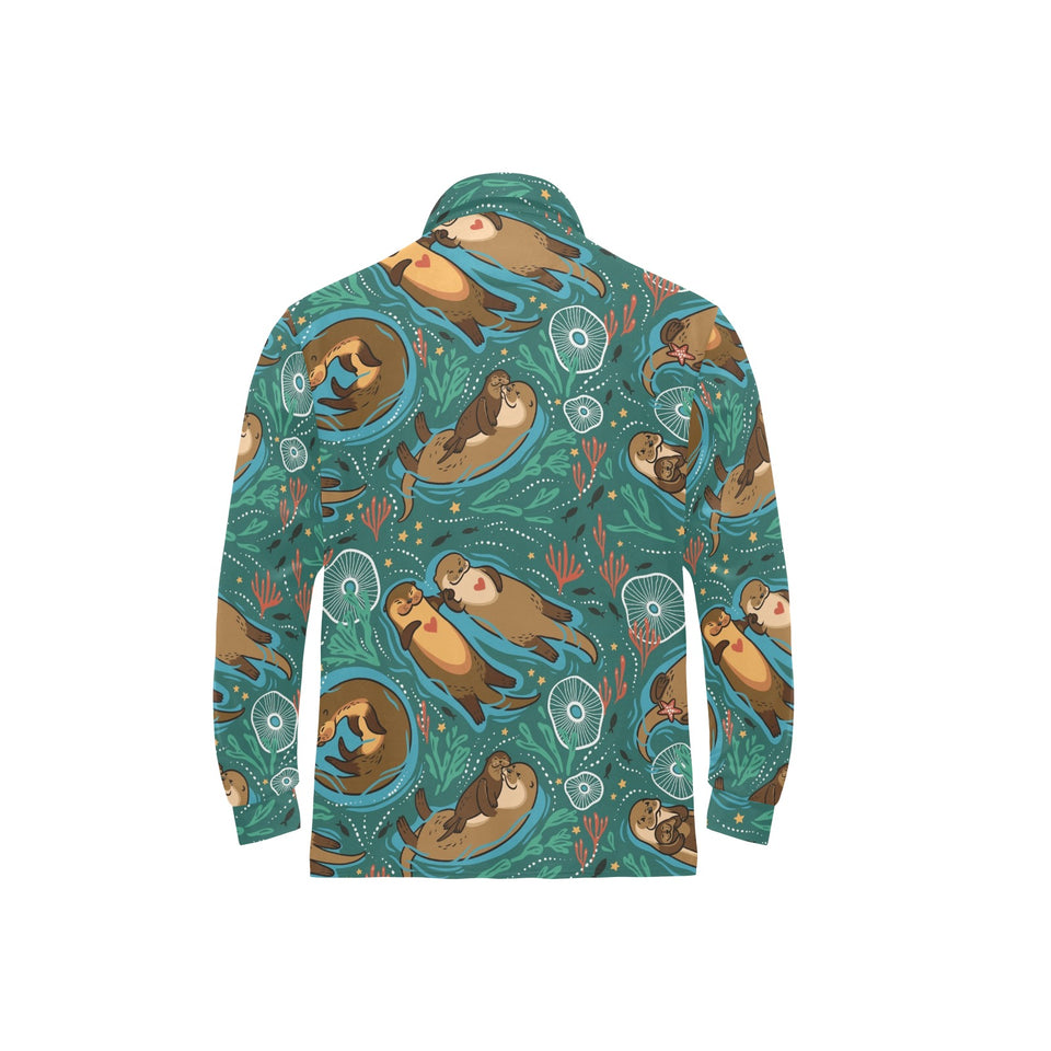 cute brown sea otters ornamental seaweed corals gr Men's Long Sleeve Polo Shirt