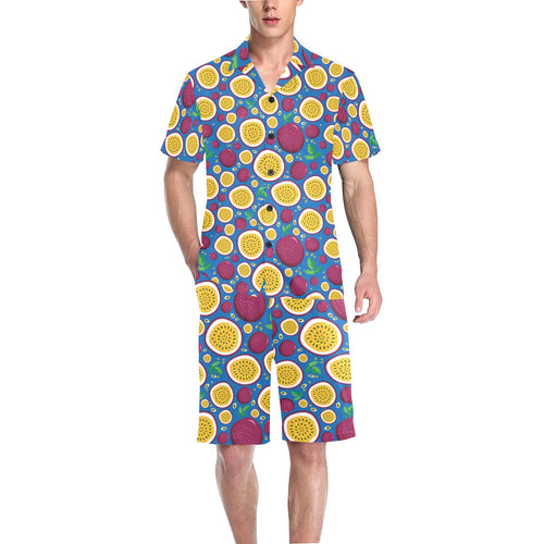 Passion fruit blue background Men's V-Neck Short Pajama Set