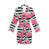 Watercolor paint textured watermelon pieces Women's Long Sleeve Belted Night Robe
