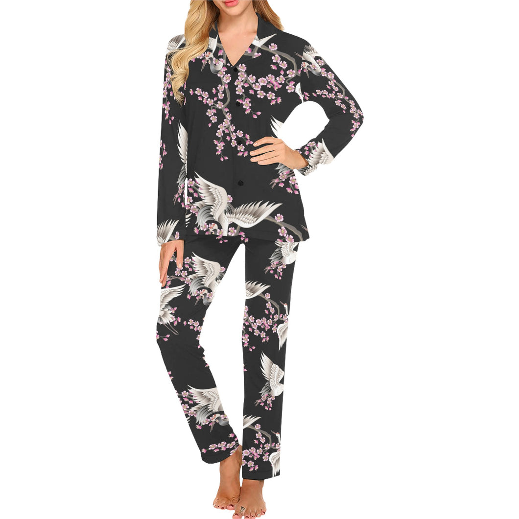 Japanese crane pink sakura pattern Women's Long Pajama Set