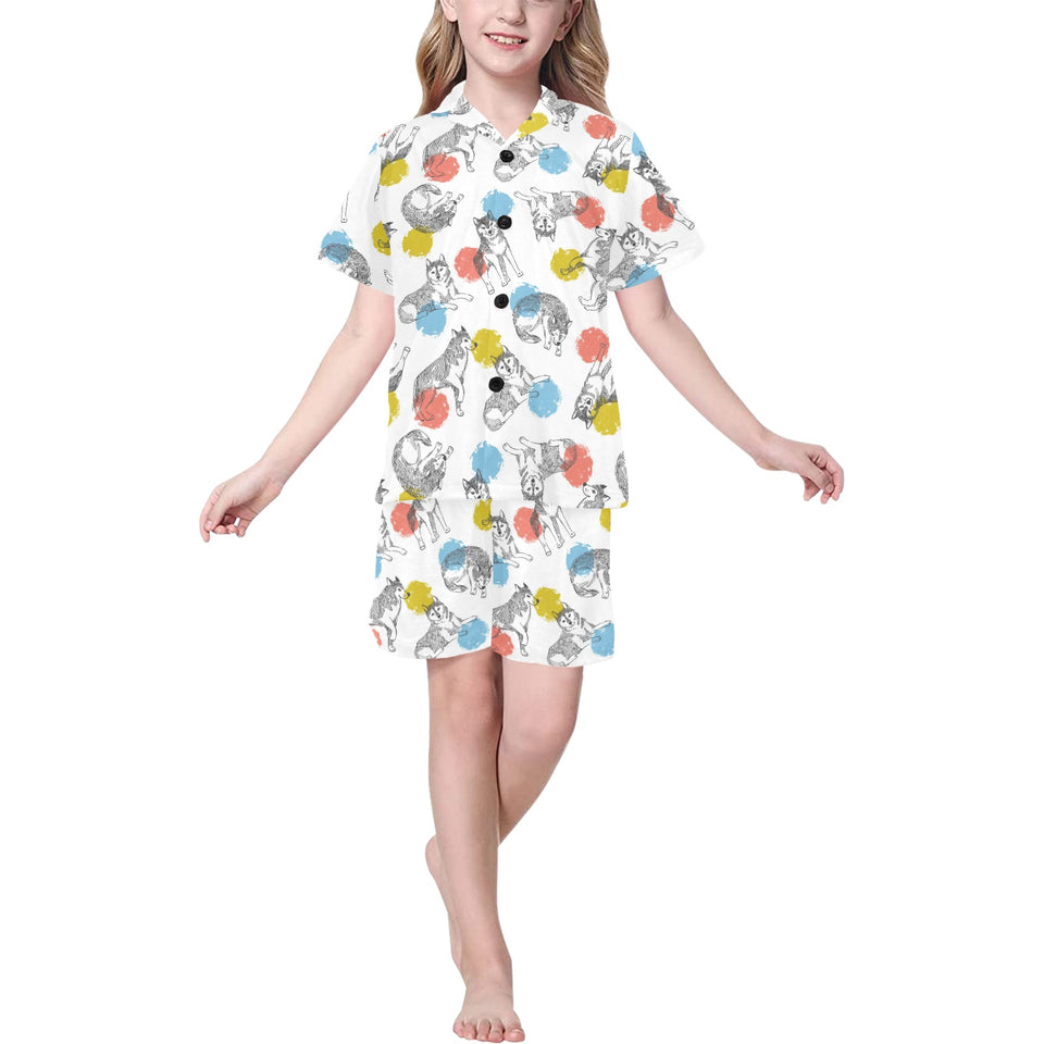 Siberian husky and colorful circle pattern Kids' Boys' Girls' V-Neck Short Pajama Set