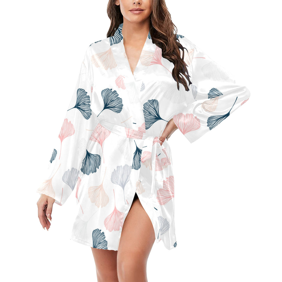 Black Gray Cream coral ginkgo leaves pattern Women's Long Sleeve Belted Night Robe
