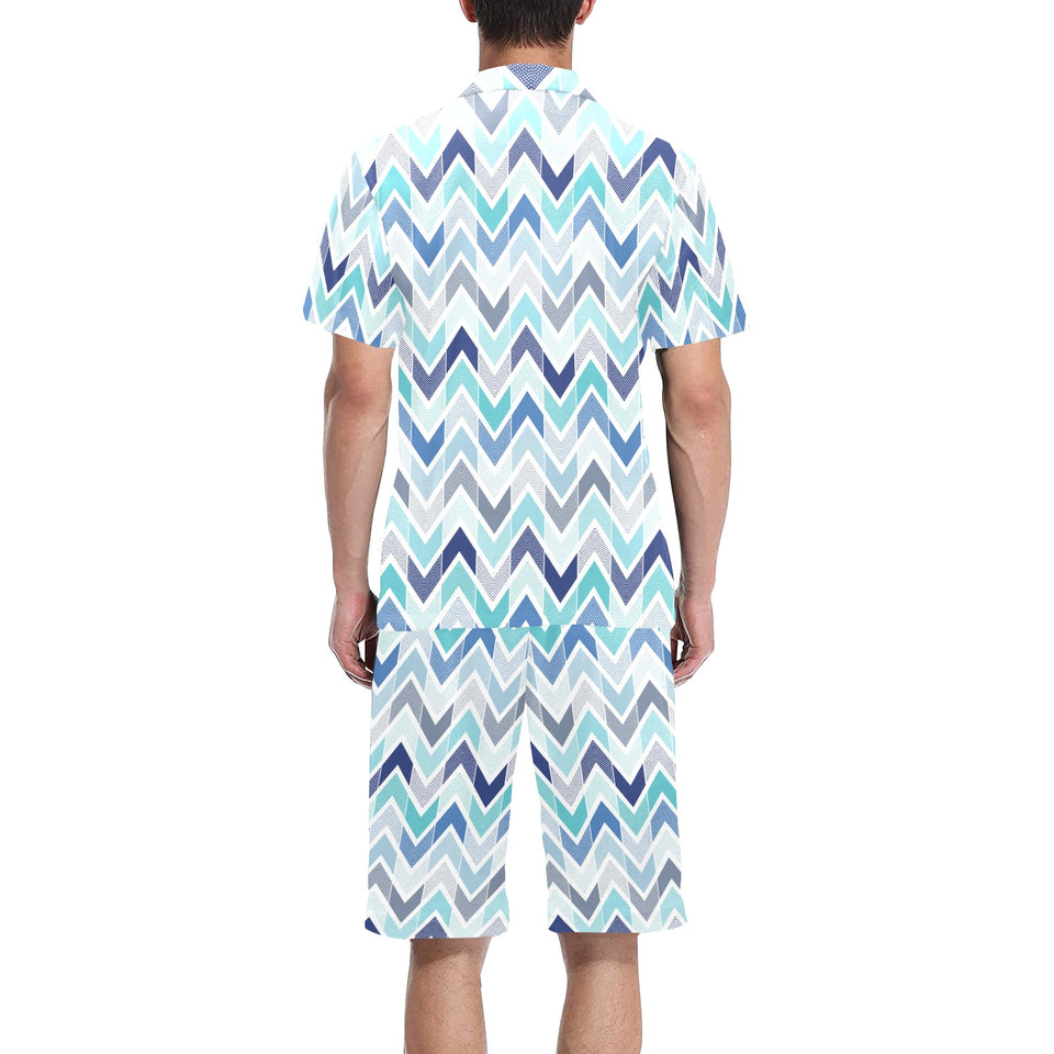 zigzag chevron blue pattern Men's V-Neck Short Pajama Set