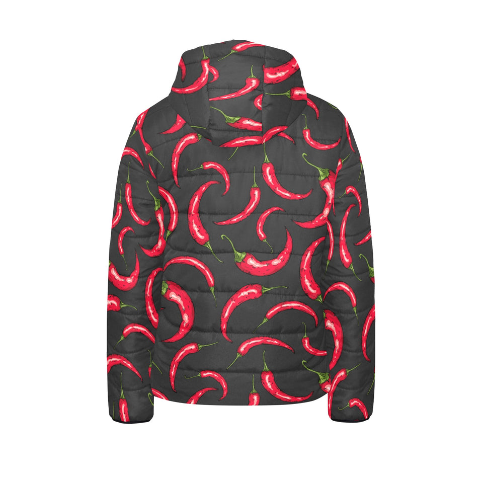 Chili peppers pattern black background Kids' Boys' Girls' Padded Hooded Jacket