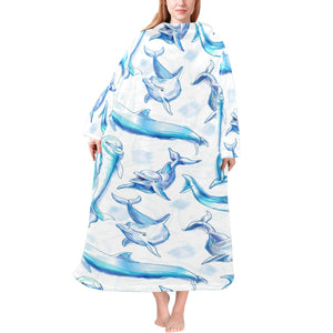 Watercolor dolphin pattern Blanket Robe with Sleeves