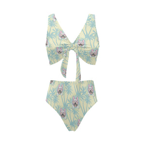 French bulldog hawaii blackground Chest Bowknot High Waisted Bikini Swimsuit