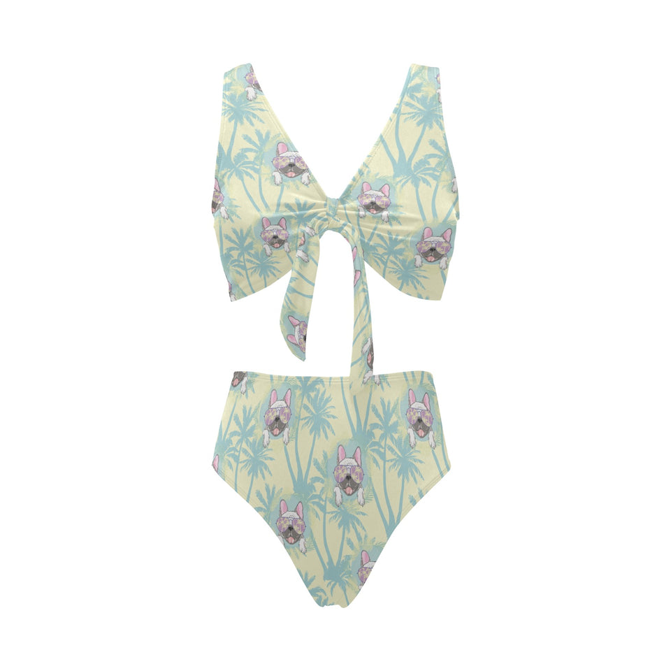 French bulldog hawaii blackground Chest Bowknot High Waisted Bikini Swimsuit