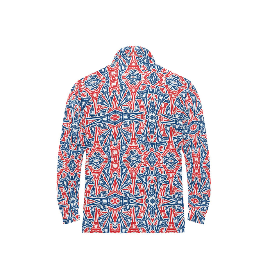 Blue Red Eiffel Tower Pattern Print Design 02 Men's Long Sleeve Polo Shirt