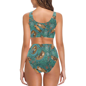 cute brown sea otters ornamental seaweed corals gr Chest Bowknot High Waisted Bikini Swimsuit