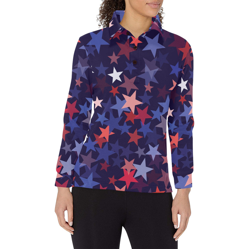 Red blue star pattern Women's Long Sleeve Polo Shirt
