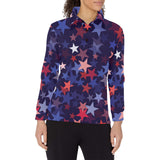 Red blue star pattern Women's Long Sleeve Polo Shirt