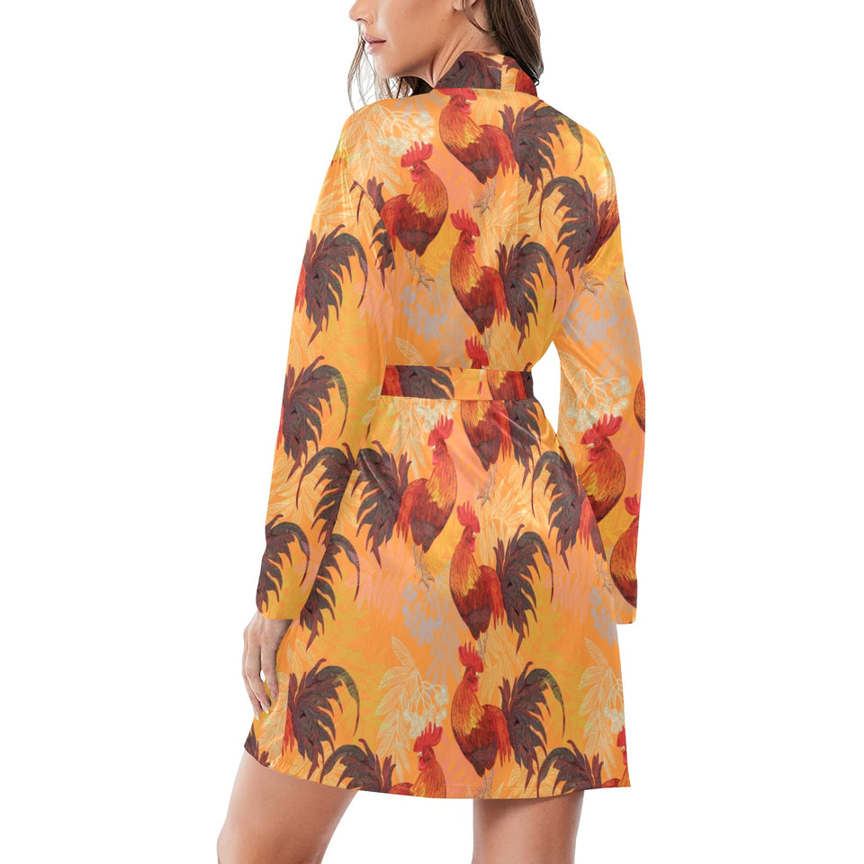 red rooster chicken cock pattern Women's Long Sleeve Belted Night Robe