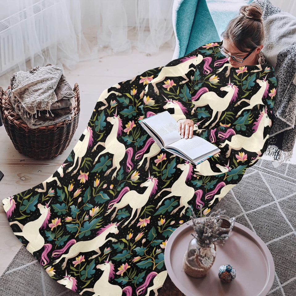 Unicorns forest background Blanket Robe with Sleeves