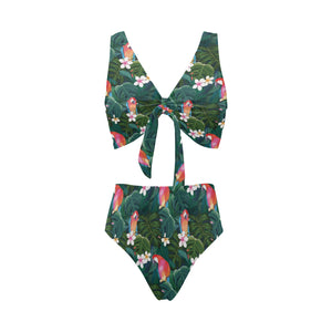 Parrot Palm tree leaves flower hibiscus pattern Chest Bowknot High Waisted Bikini Swimsuit