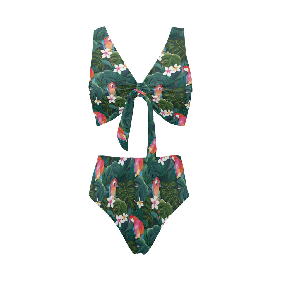 Parrot Palm tree leaves flower hibiscus pattern Chest Bowknot High Waisted Bikini Swimsuit
