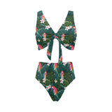 Parrot Palm tree leaves flower hibiscus pattern Chest Bowknot High Waisted Bikini Swimsuit