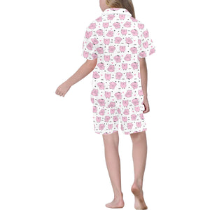 Pig Pattern Print Design 03 Kids' Boys' Girls' V-Neck Short Pajama Set