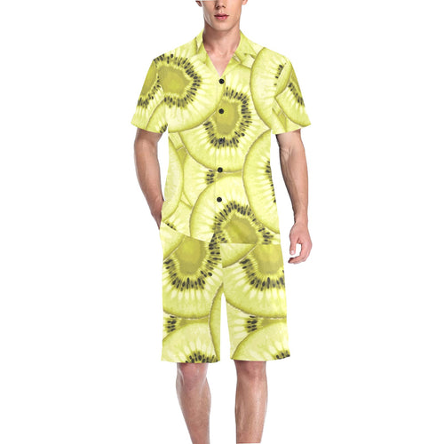 Sliced kiwi pattern Men's V-Neck Short Pajama Set