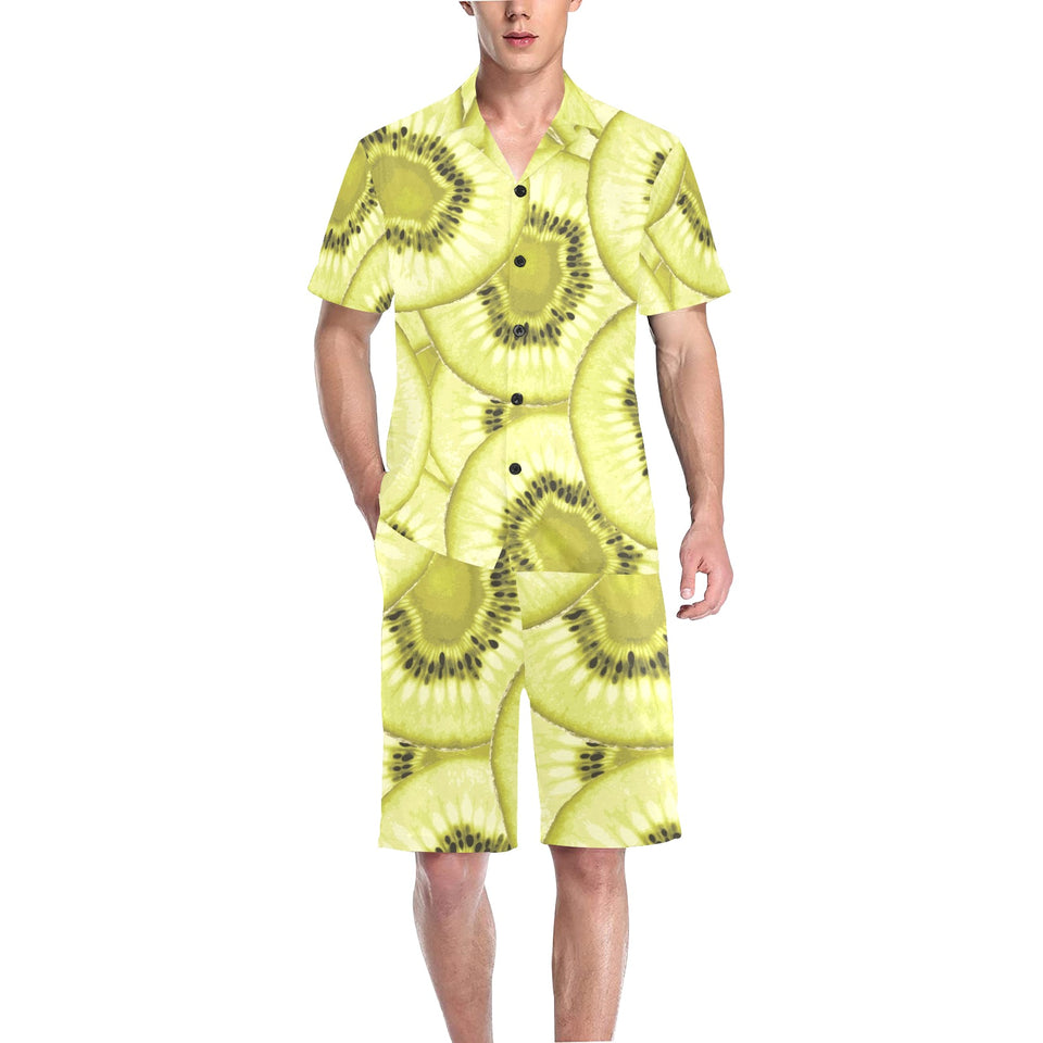 Sliced kiwi pattern Men's V-Neck Short Pajama Set