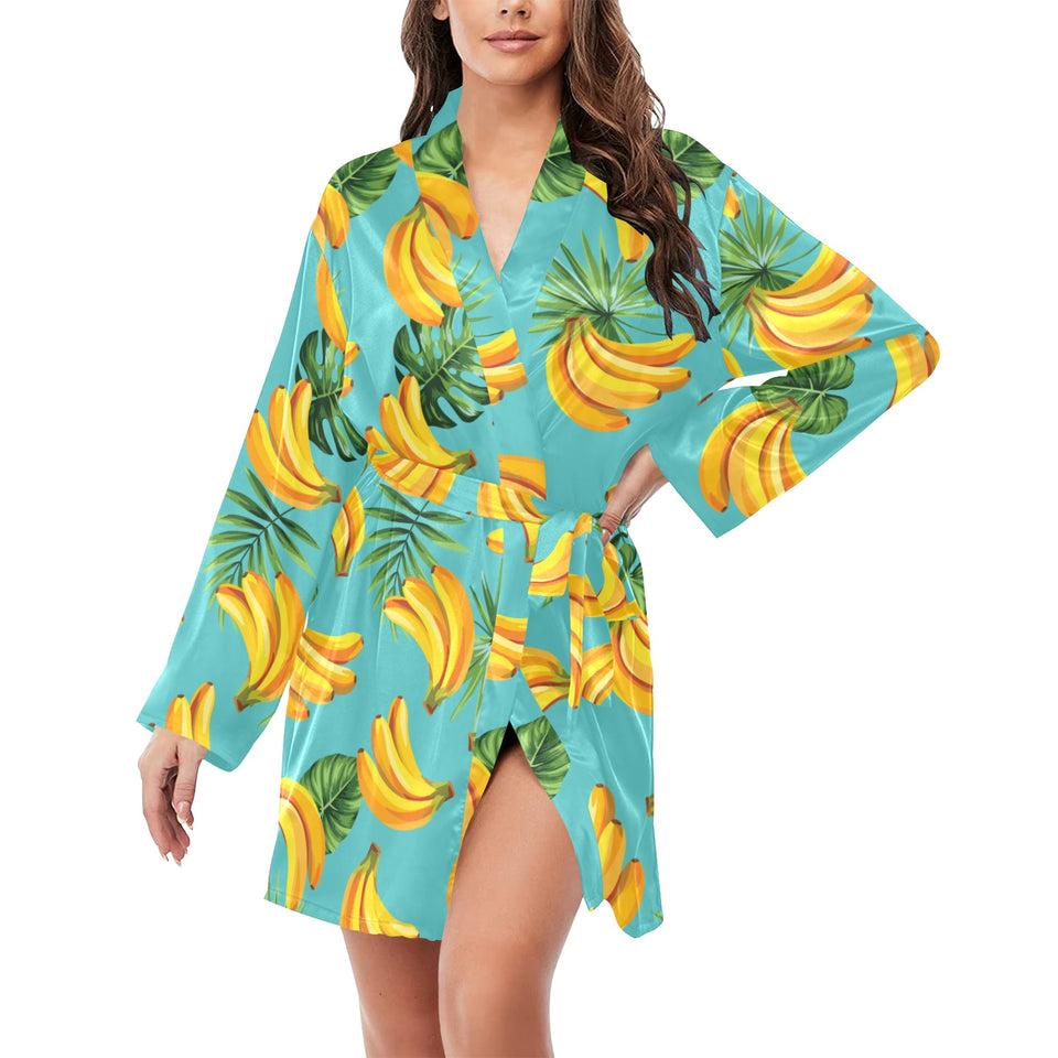 Banana Palm Leaves pattern background Women's Long Sleeve Belted Night Robe