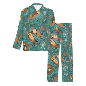 cute brown sea otters ornamental seaweed corals gr Men's Long Pajama Set