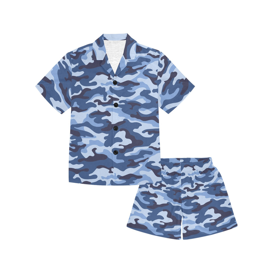 Blue camouflage pattern Kids' Boys' Girls' V-Neck Short Pajama Set