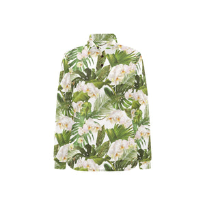 White orchid flower tropical leaves pattern Women's Long Sleeve Polo Shirt