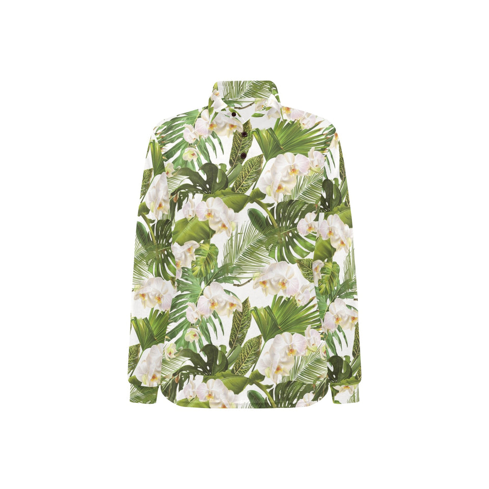 White orchid flower tropical leaves pattern Women's Long Sleeve Polo Shirt