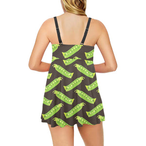 Green Peas Pattern Print Design 05 Chest Sexy Pleated Two Piece Swim Dress