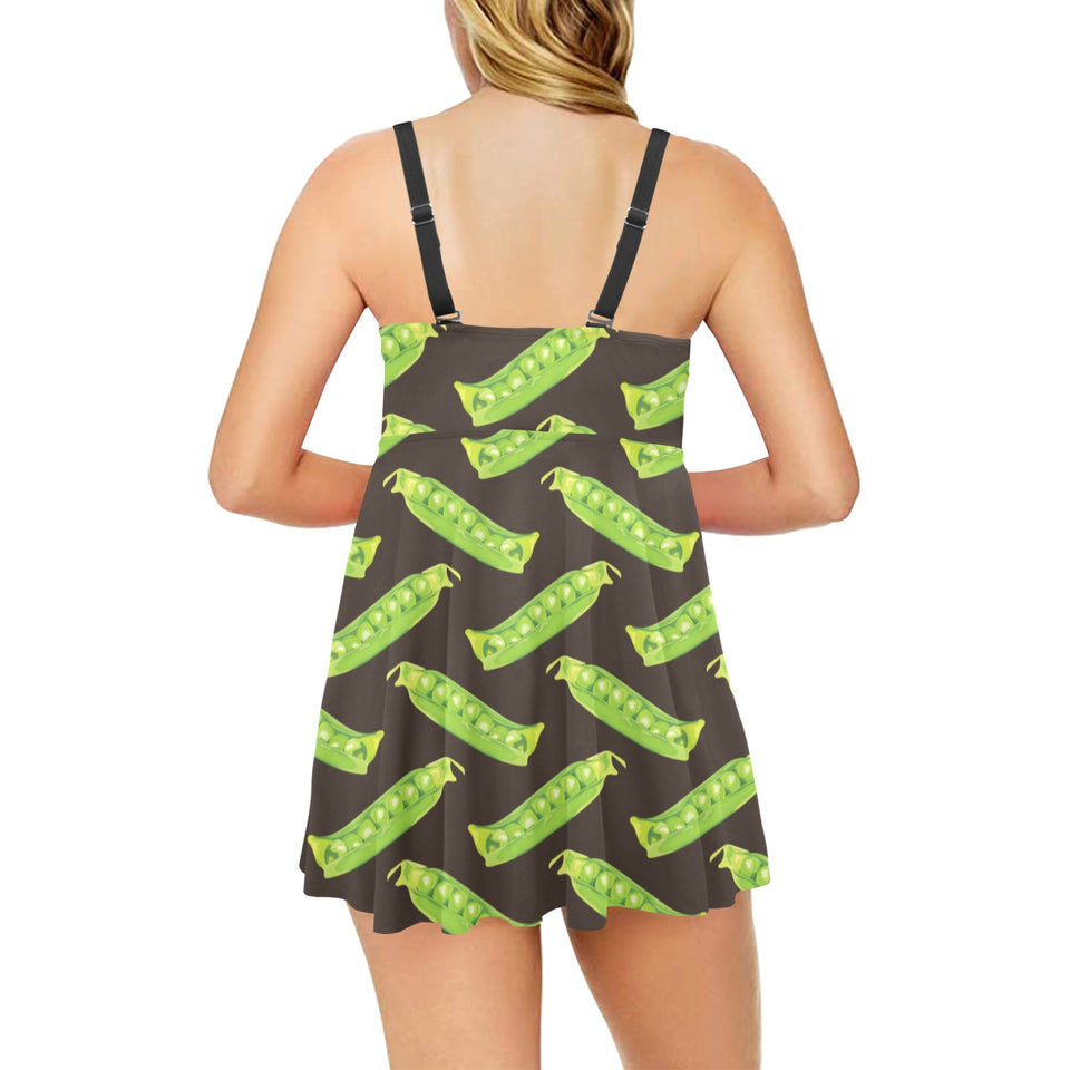 Green Peas Pattern Print Design 05 Chest Sexy Pleated Two Piece Swim Dress