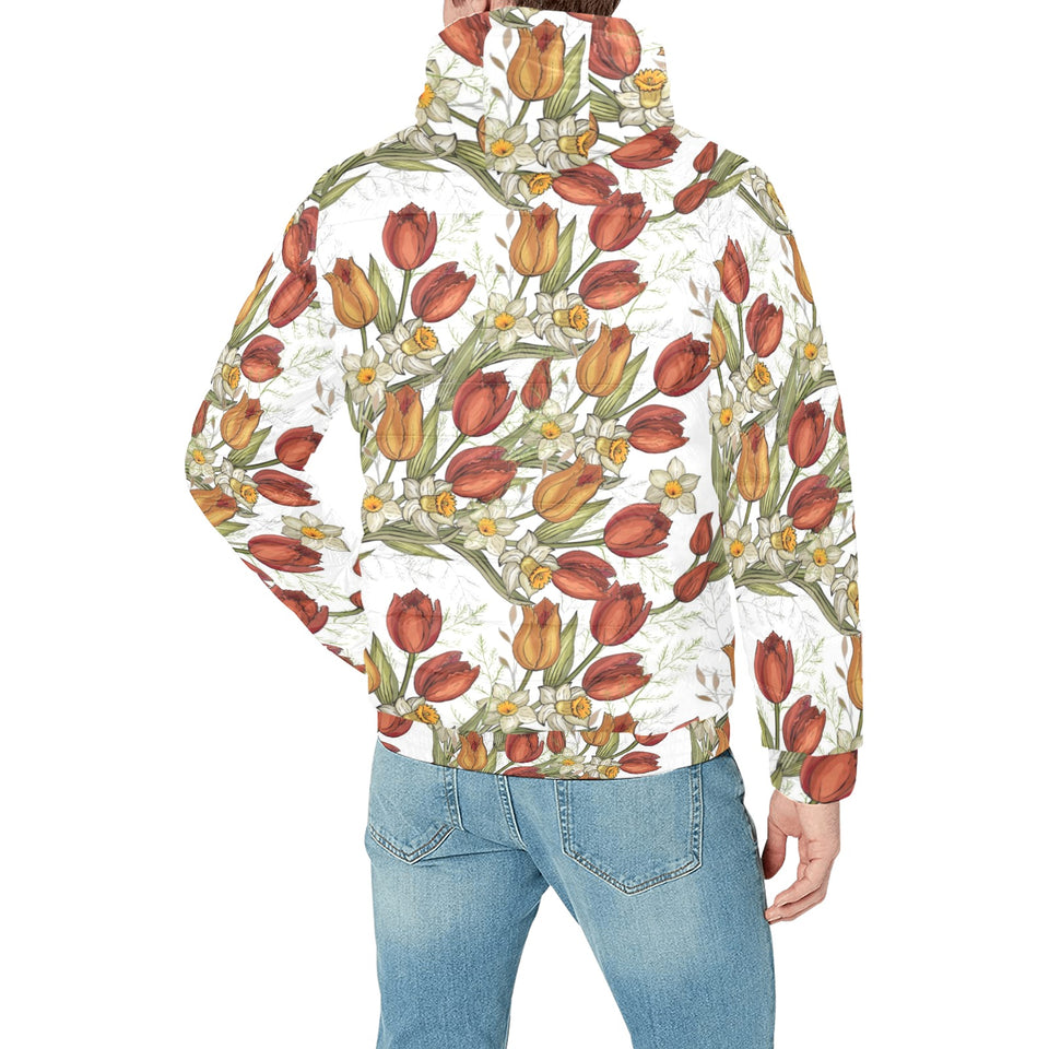 Red tulips and daffodils pattern Men's Padded Hooded Jacket