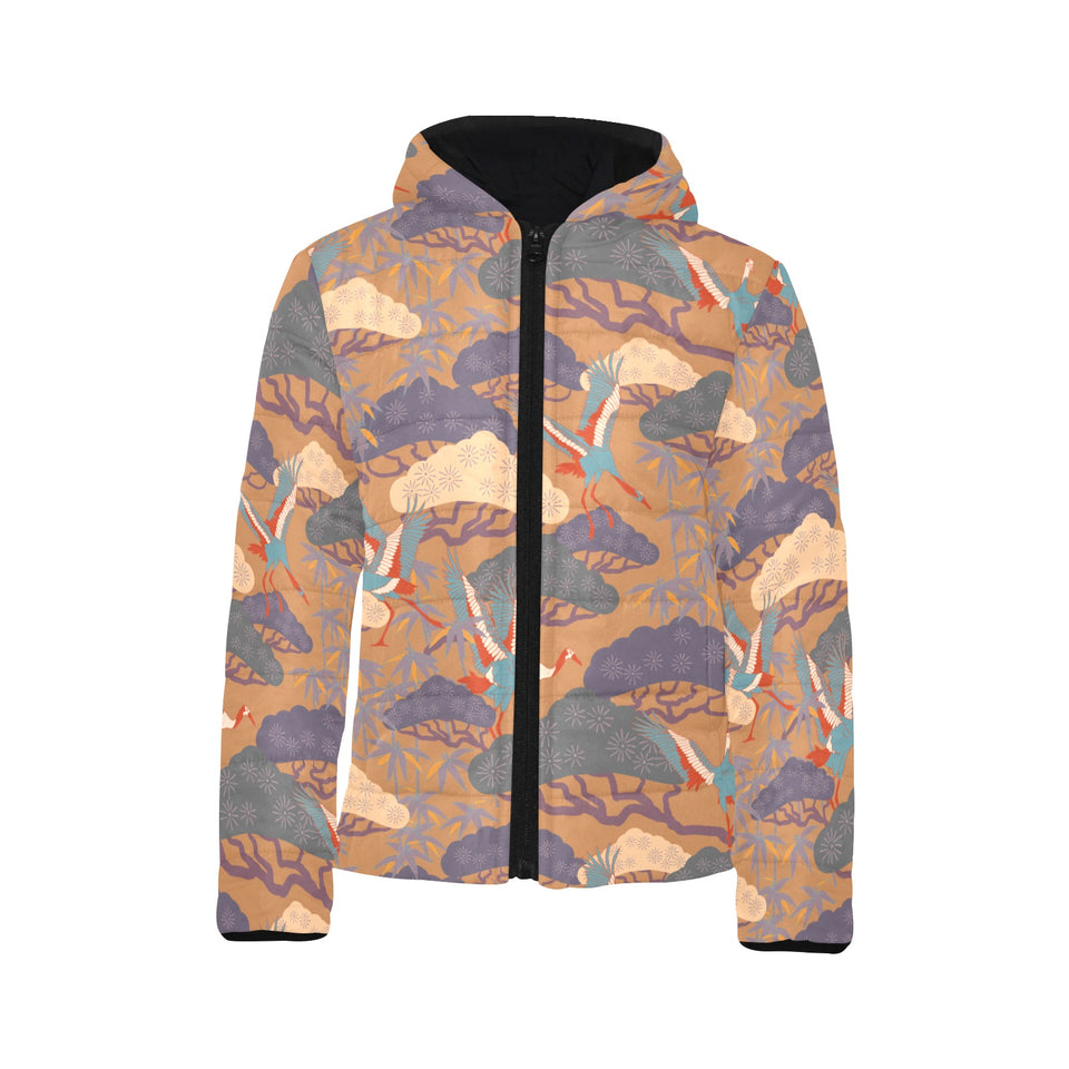 Bonsai bamboo stork japanese pattern brown theme Kids' Boys' Girls' Padded Hooded Jacket