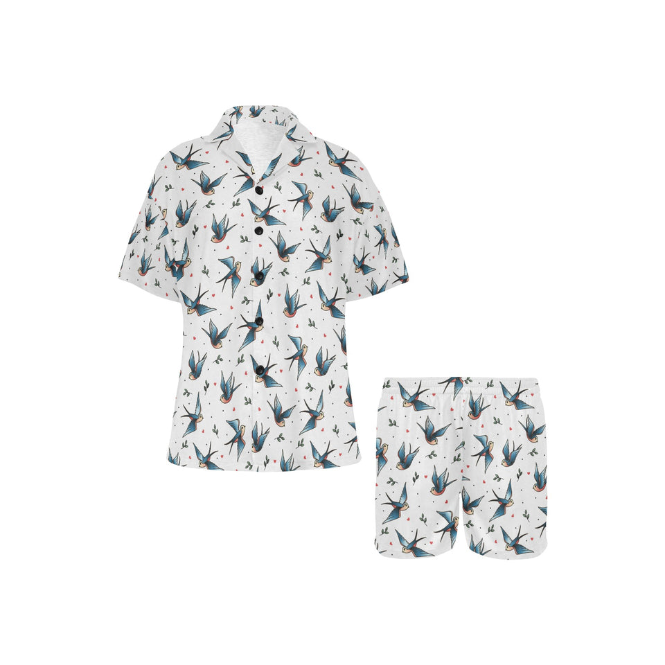 Swallow Pattern Print Design 04 Women's V-Neck Short Pajama Set