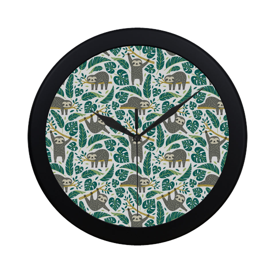Cute sloths tropical palm leaves white background Elegant Black Wall Clock