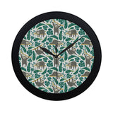 Cute sloths tropical palm leaves white background Elegant Black Wall Clock