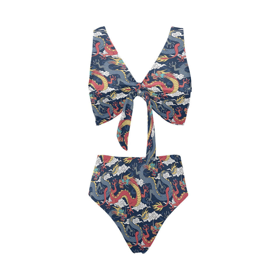 Blue red dragon cloud pattern Chest Bowknot High Waisted Bikini Swimsuit