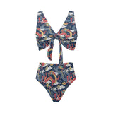 Blue red dragon cloud pattern Chest Bowknot High Waisted Bikini Swimsuit