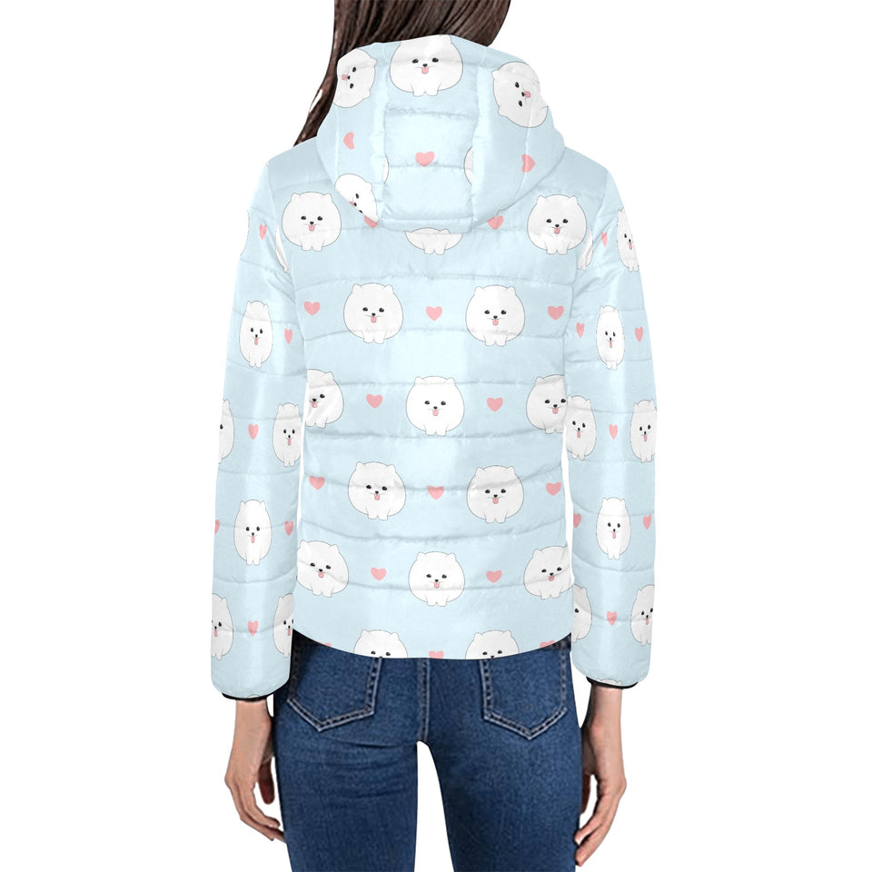 White cute pomeranian pattern Women's Padded Hooded Jacket