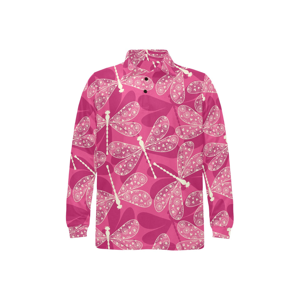Beautiful dragonfly pink background Men's Long Sleeve Polo Shirt